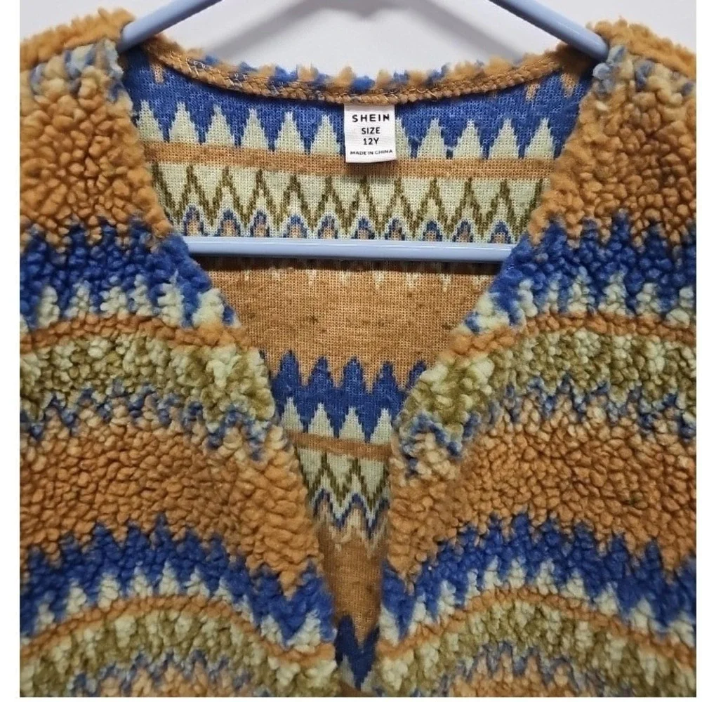 SHEIN Girls Sherpa Fleece Vest Size 12Y‎ Blue Yellow Fair Isle Geometric Borg